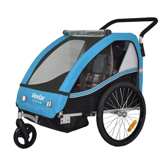Veelar Bike Trailer & Stroller 2 in 1 Double Seat for Toddlers Kids Child Bicycle Carrier Jogger (Blue/Black)