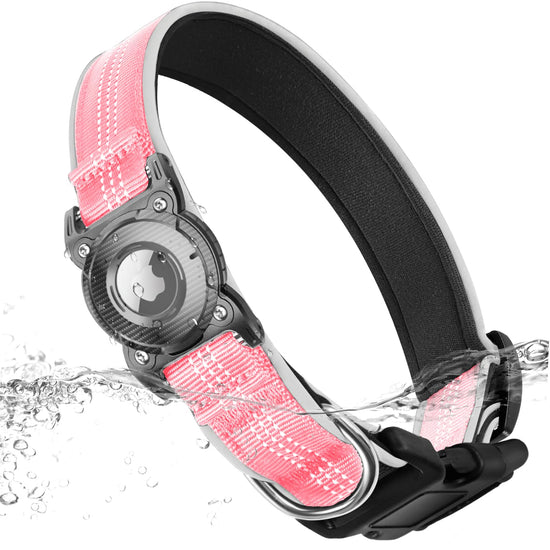 ONEONTA Airtag Dog Collar | Waterproof Airtag Dog Collar Holder with Removable Metal Loop - Airtag Collar Heavy Duty Reflective Ultra-Durable Comfortable Padded for Small Medium Large Dog Pink L